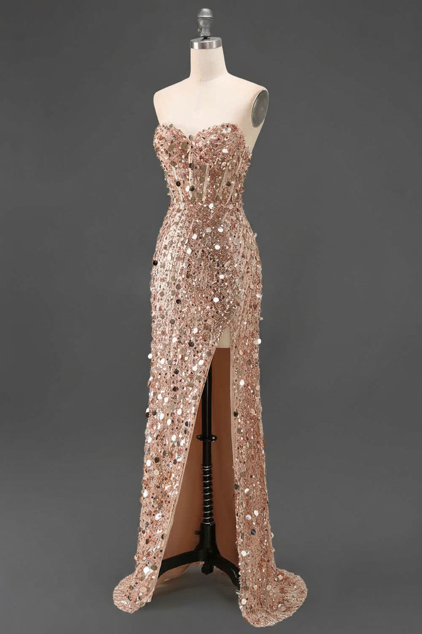 Sparkly Gold Fully Beaded Prom Dress with Deep V Neck Slit and Open Back (ZD17393)