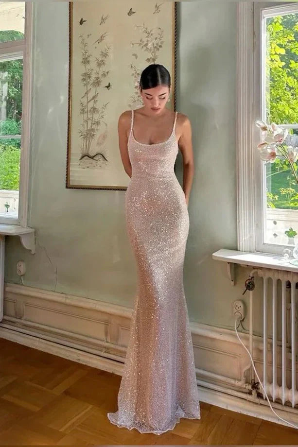 Bling Sheath Spaghetti Straps Silver Sequins Long Party Dress