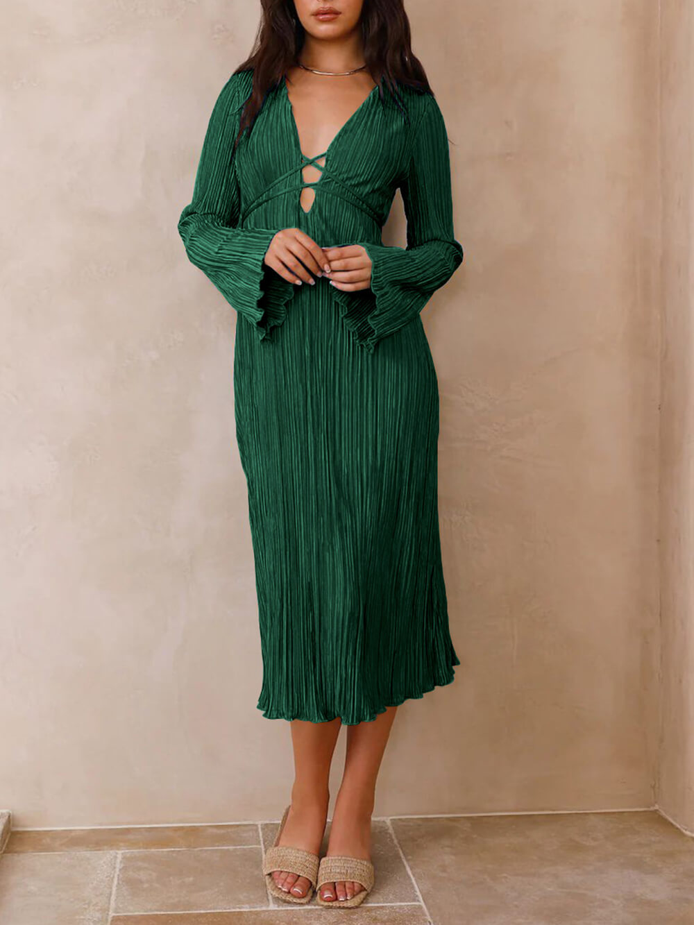 Mountain Vistas Draped Pleated Bell Sleeve Midi Dress