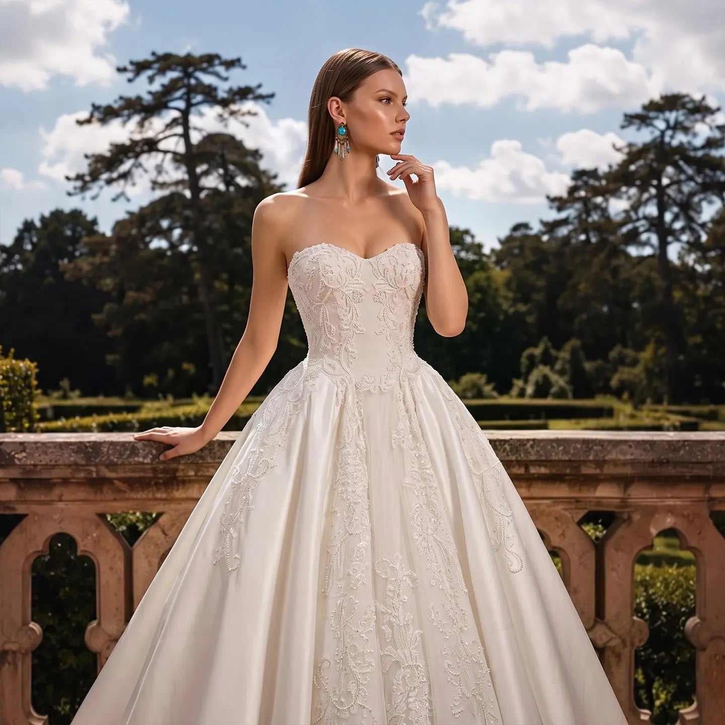 White Satin Strapless Wedding Dress Lace Appliques Sweetheart Neckline Ball Gown ZP010