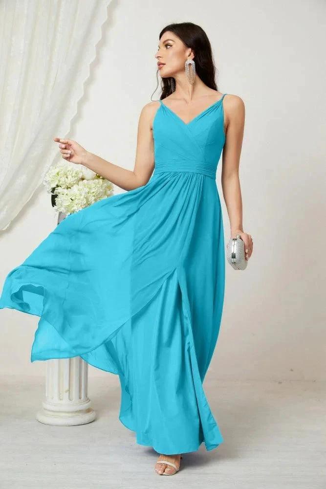 ZapDress Chiffon V-Neck Bridesmaid Dress Spaghetti Strap Long Formal Party Prom Gowns with Slit 28010 (ZD17028)