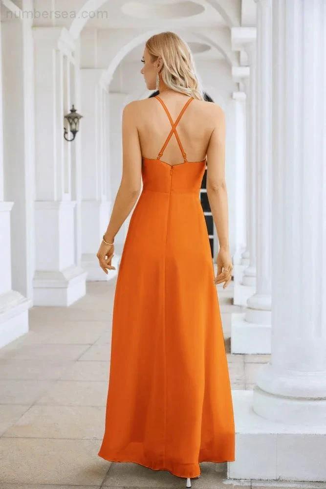 Ladies Chiffon Spaghetti Strap V Neck Front Slit Floor Length Bridesmaid Evening Dress Prom Party Wedding Evening Dress 28116 (ZD17012)