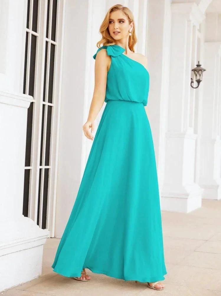 Numbersea Chiffon Ruffled One Shoulder Sleeveless Long Bride Dresses A-line Formal Evening Gown Side Split 28057 by numbersea