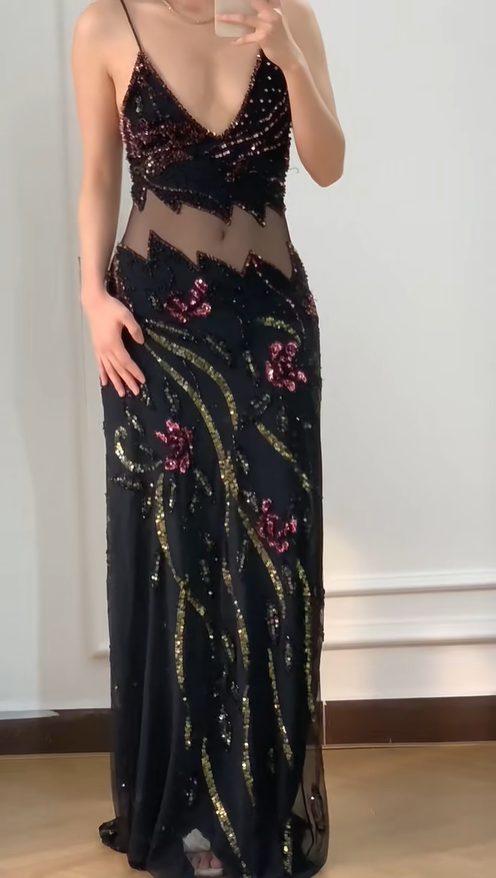 Vintage Black Mermaid Beaded Sequined Floral Cutout Tulle Long Prom Dress Evening Dress - View 2 | VelvetHem
