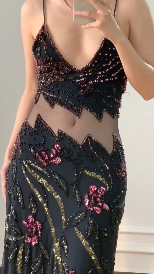 Vintage Black Mermaid Beaded Sequined Floral Cutout Tulle Long Prom Dress Evening Dress - View 3 | VelvetHem