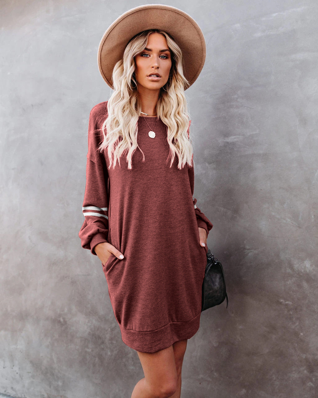 Randy Pocketed Long Sleeve Knit Dress Marsala FINAL