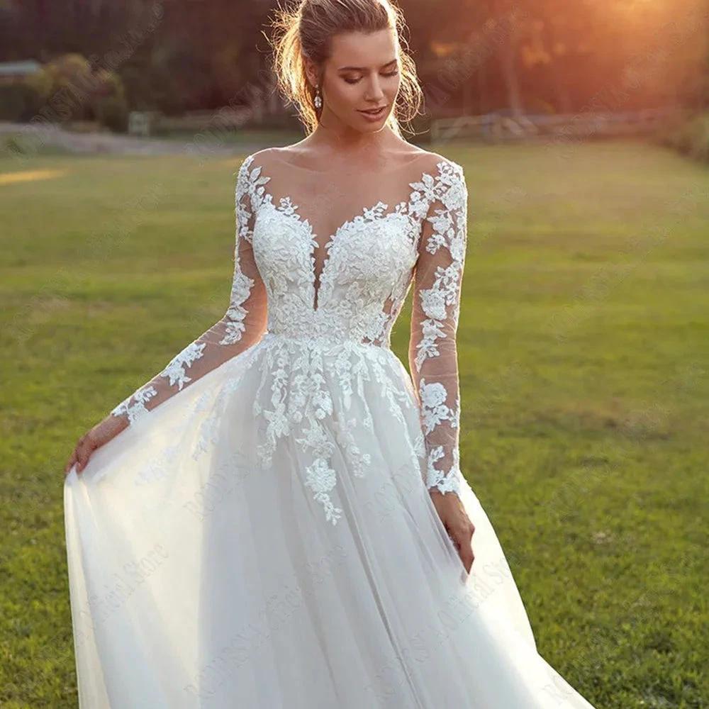 Pastrol Wedding Dresses For Woman Long Sleeves Illusion Back Scoop Bride Gowns Applique A-Line Tulle vestidos de novia (ZD13331)