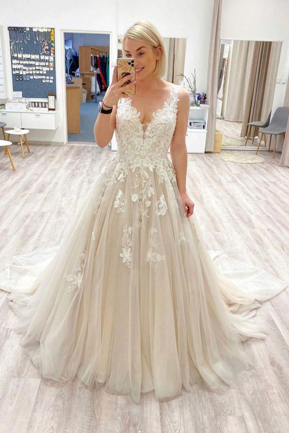 Beautiful A Line V Neck Champagne Wedding Dress with Appliques - VelvetHem