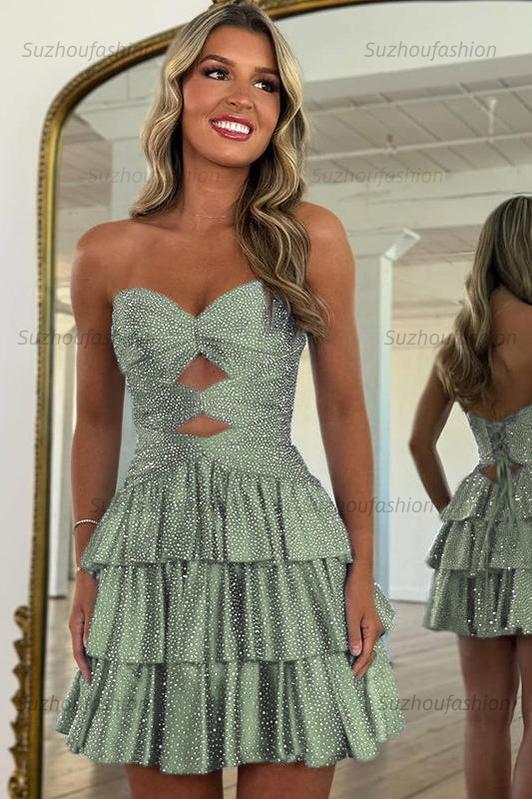 Orange A Line Homecoming Dresses Tiered Short Cocktail Dresses With Beading