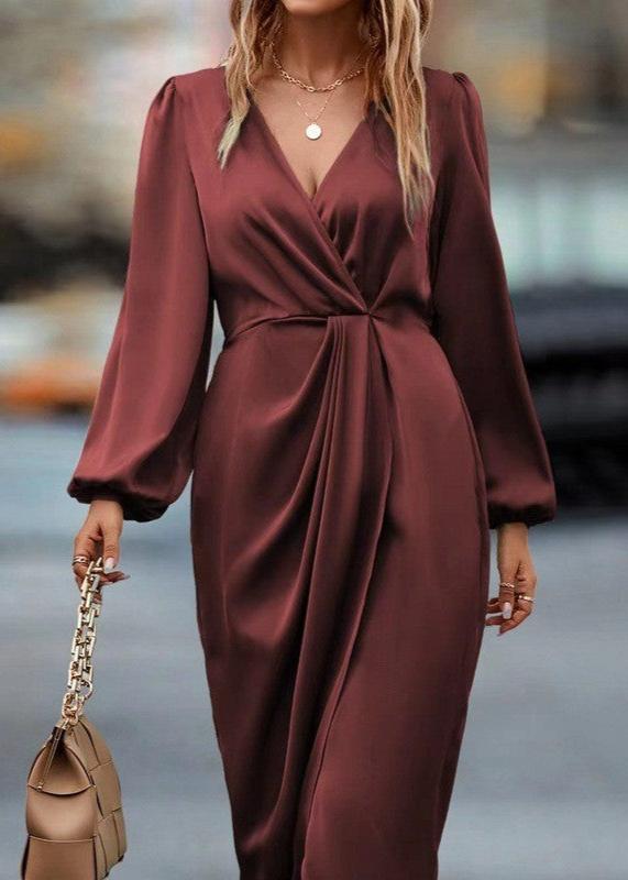 Elegant Red Draped V Neck Midi Dress