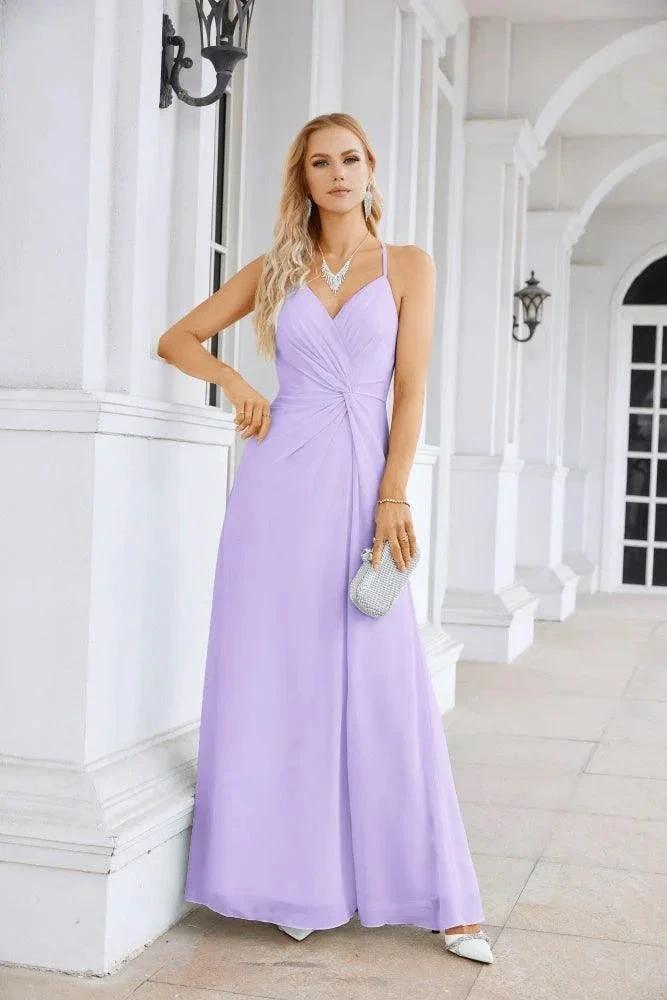 Ladies Chiffon Spaghetti Strap V Neck Front Slit Floor Length Bridesmaid Evening Dress Prom Party Wedding Evening Dress 28116 by numbersea