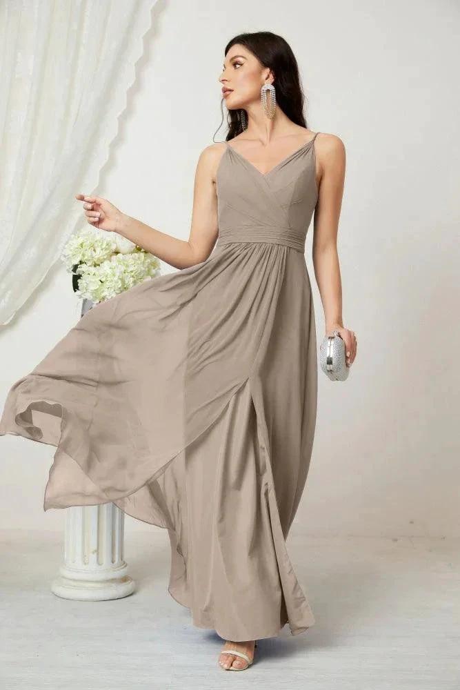 ZapDress Chiffon V-Neck Bridesmaid Dress Spaghetti Strap Long Formal Party Prom Gowns with Slit 28010 (ZD17028)