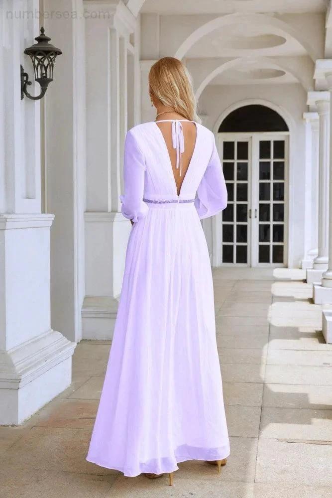Ladies V Neck Chiffon Long Sleeve Front Slit Bridesmaid Evening Dress Wedding Party Shopping Evening Dress 28109 (ZD16991)