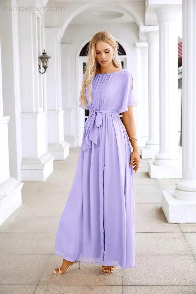 Ladies Chiffon Sleeve Crew Neck Front Slit Floor Length Bridesmaid Evening Dress Wedding Party Evening Dress 28124 (ZD17007)
