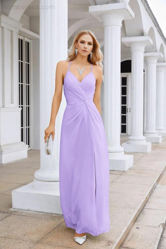 Ladies Chiffon Spaghetti Strap V Neck Front Slit Floor Length Bridesmaid Evening Dress Prom Party Wedding Evening Dress 28116 (ZD17012)