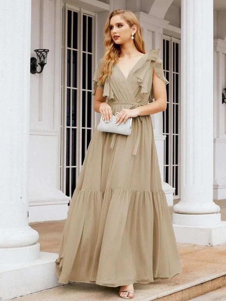 Numbersea Women's Open Back Formal Evening Party Prom Gowns V-Neck Long Chiffon Bridesmaid Dresses with Waist Belt 28038 by numbersea