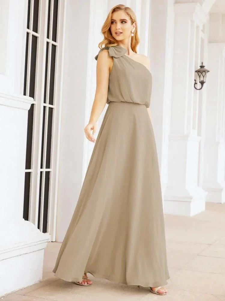 Numbersea Chiffon Ruffled One Shoulder Sleeveless Long Bride Dresses A-line Formal Evening Gown Side Split 28057 by numbersea