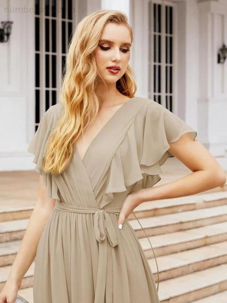 ZapDress Women's Open Back Formal Evening Party Prom Gowns V-Neck Long Chiffon Bridesmaid Dresses with Waist Belt 28038 (ZD17000)
