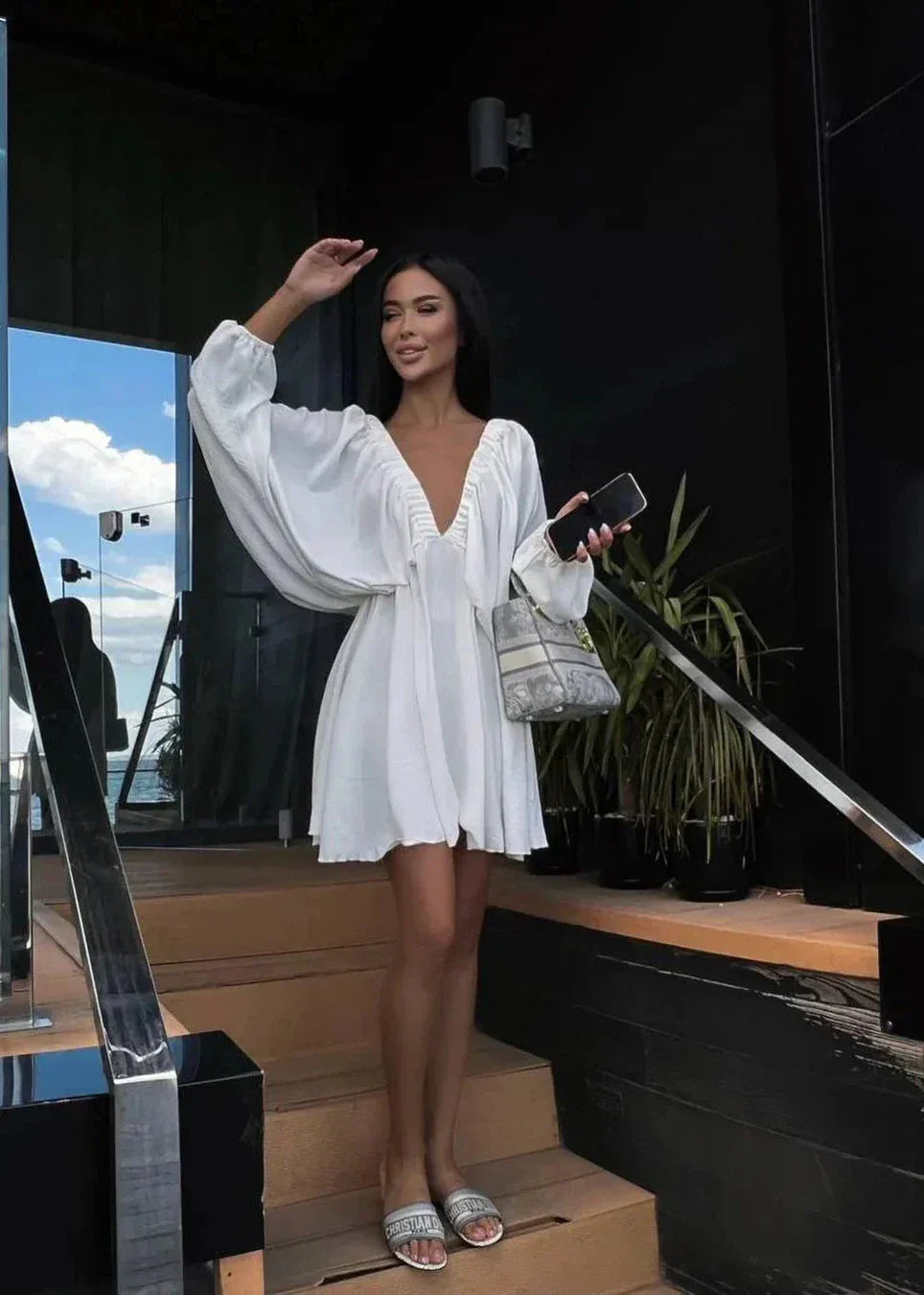 Elegant V Neck Lantern Sleeve Dress