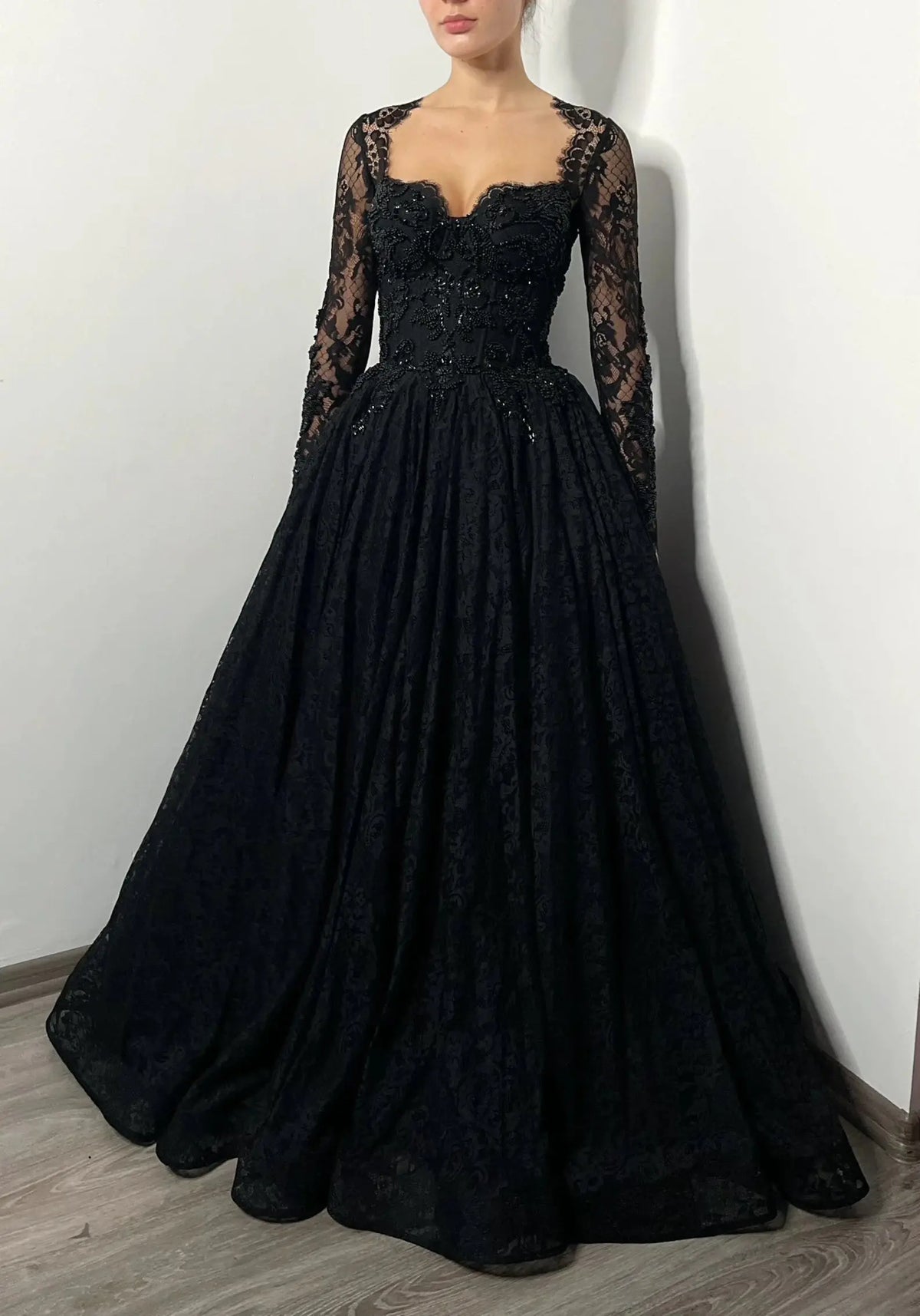 Black Luxury Gothic Wedding Dress Heavy Beaded Lace Ball Gown  ZP197