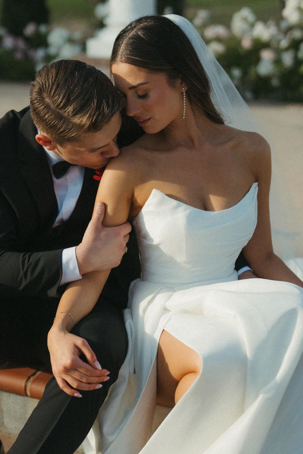 Charming A Line Strapless White Long Wedding Dress with Split Front