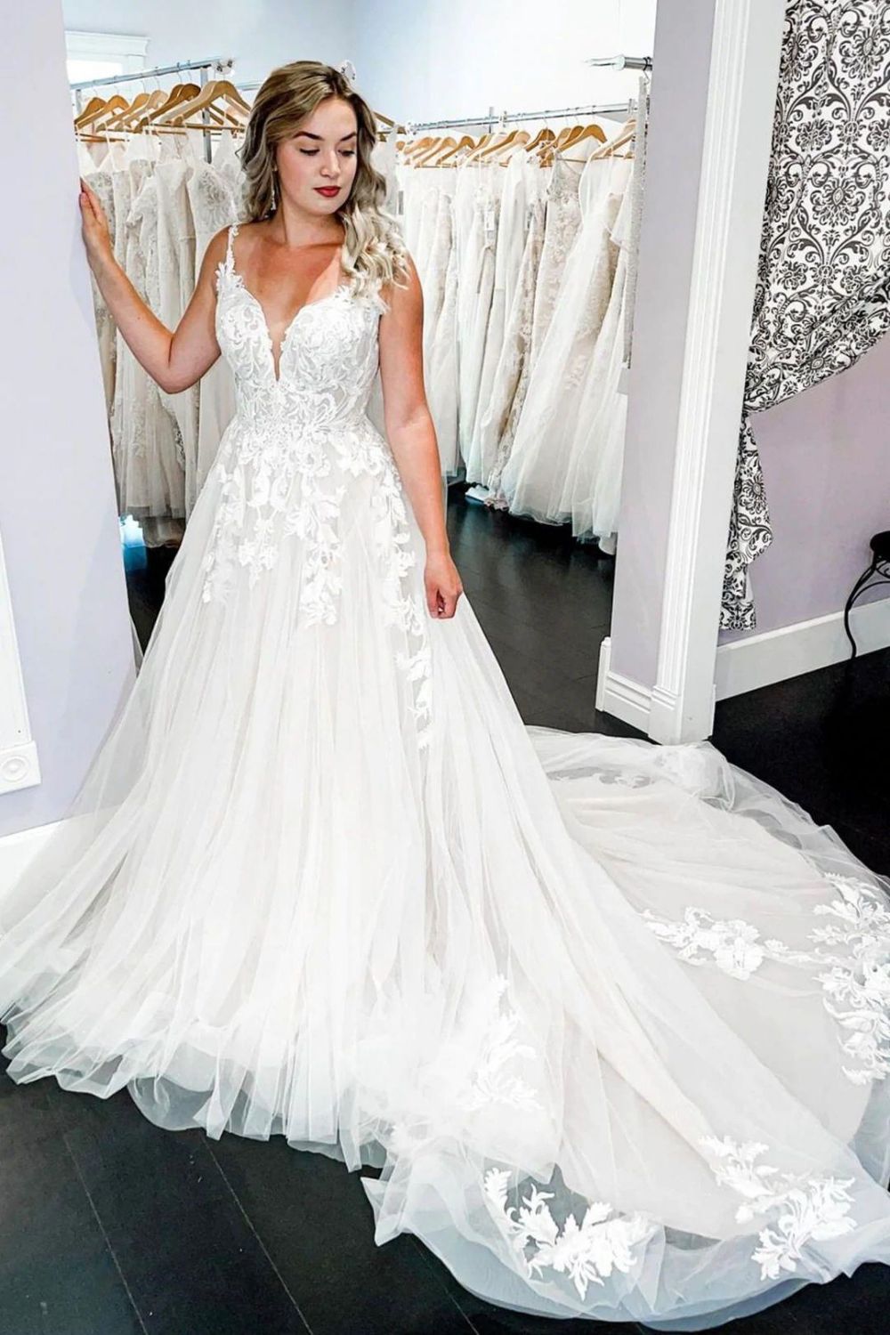 Charming A Line V Neck White Wedding Dress with Appliques - VelvetHem
