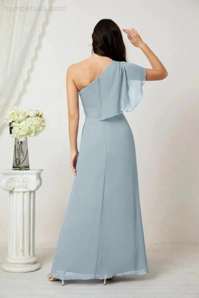 ZapDress  Chiffon Ruffled One Shoulder Long Bridesmaid Dresses A-line Formal Evening Gown Side Split 2809 (ZD17049)