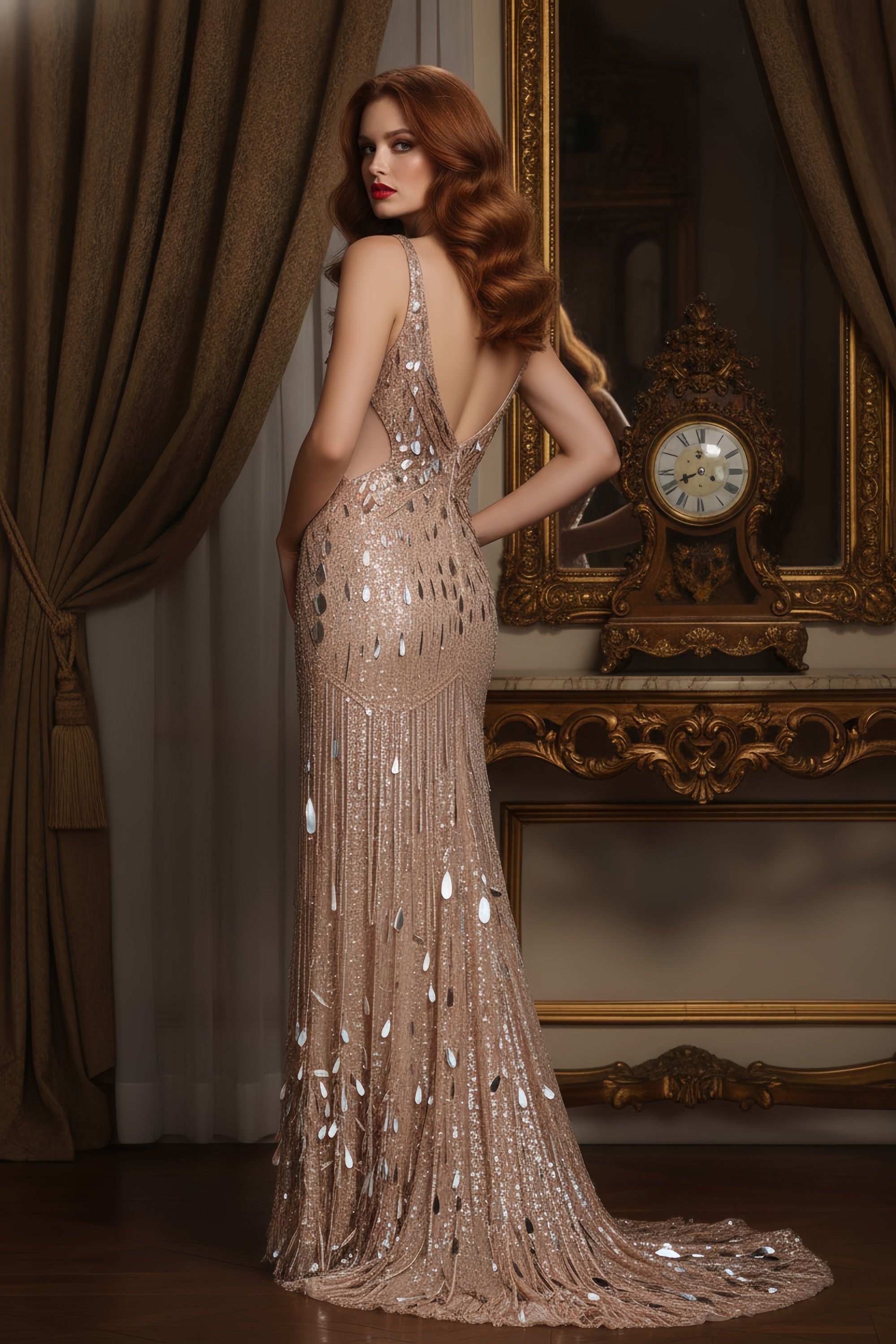Sequined Embellished Evening Gown with Slit and V-Neckline
