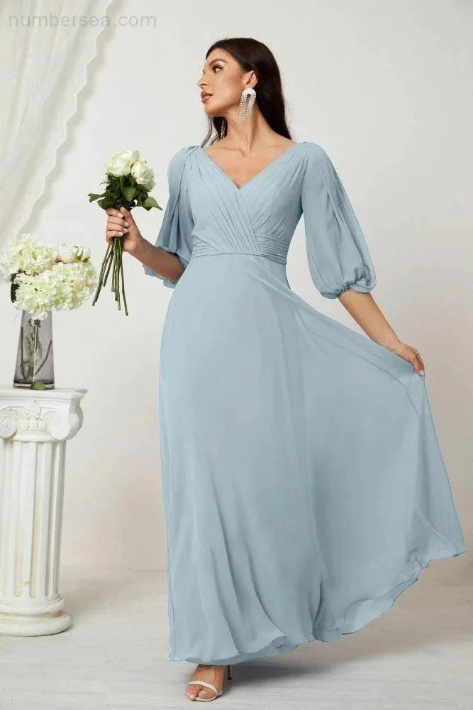 ZapDress  Formal Prom Gown Women V-Neck Chiffon Bridesmaid Dresses Long Bishop Sleeve Party Dress 2807 (ZD17027)