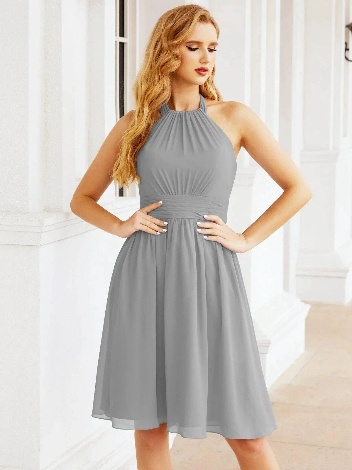 ZapDress Halter Chiffon Bridesmaid Dresses Short Sleeveless Formal Party Dress Open Back 28023 (ZD16957)