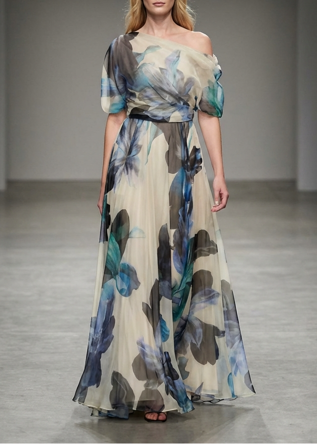 French Sky Blue Asymmetrical Print Chiffon Long Dresses Summer