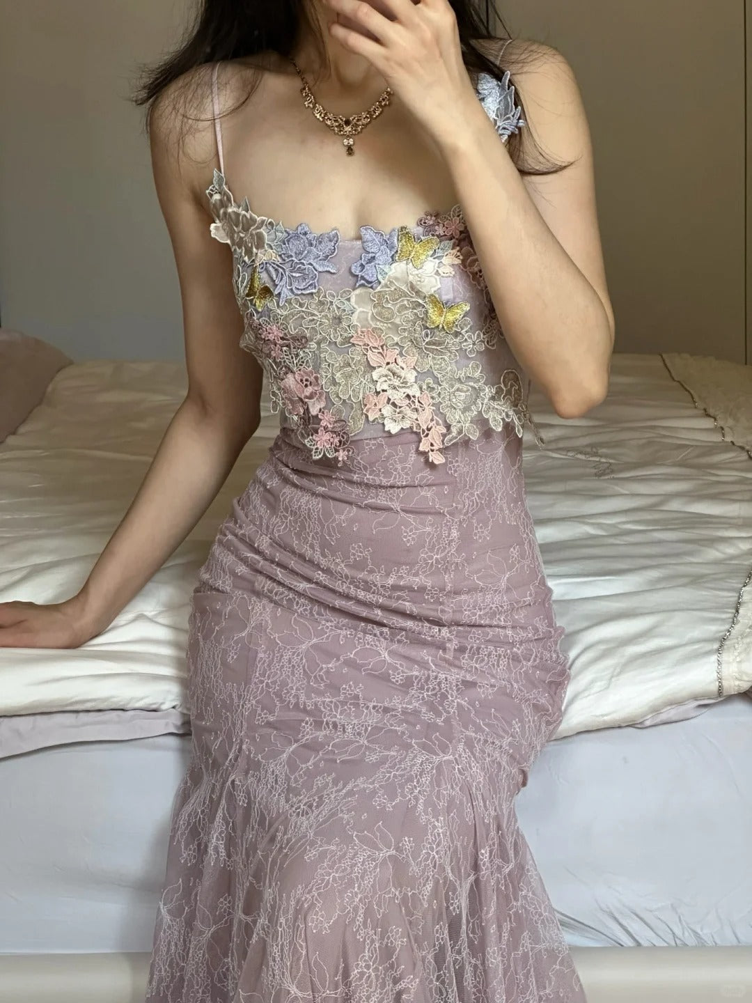 Elegant Light Purple Mermaid Square Neck 3D Floral Lace Long Prom Dress Evening Dress - View 3 | VelvetHem