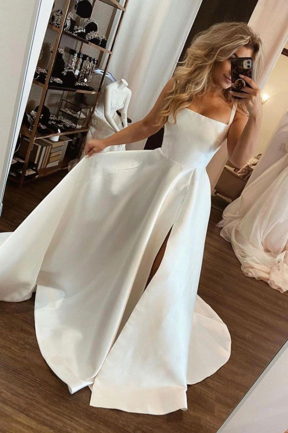 A Line Square Neck White Wedding Dress with Split Front - View 2 | VelvetHem