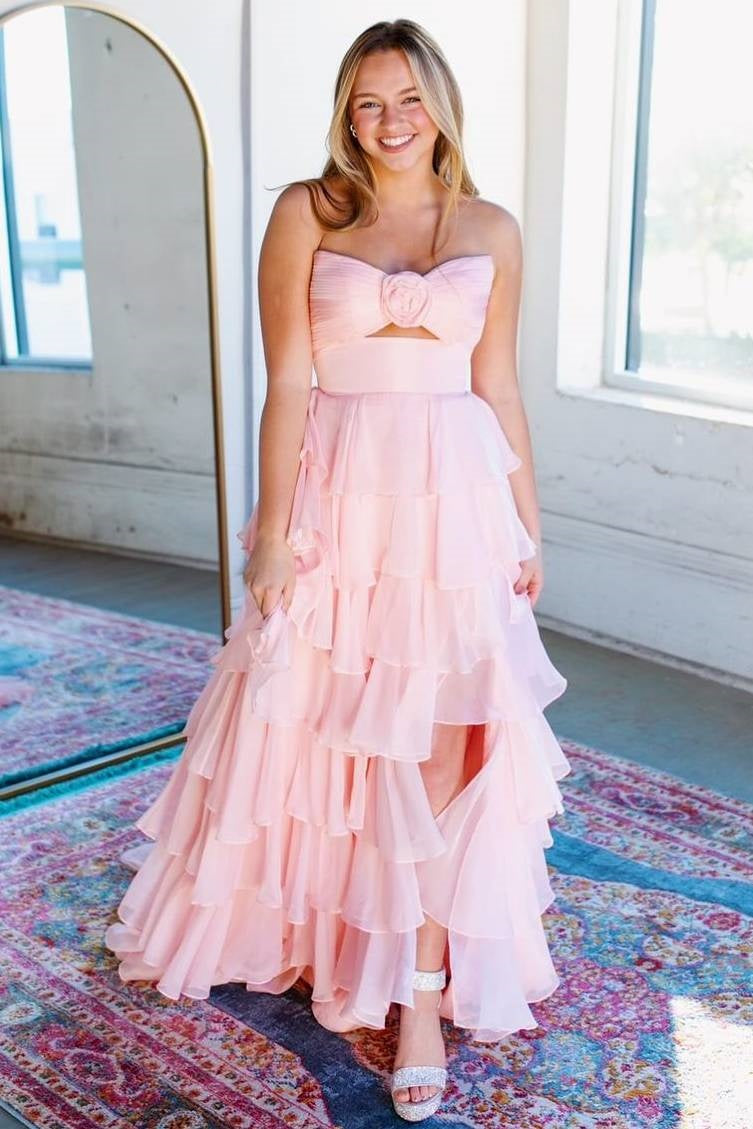 Sweety A-Line Sweetheart Pink Printed Long Tiered Prom Dress with Slit - View 13 | VelvetHem
