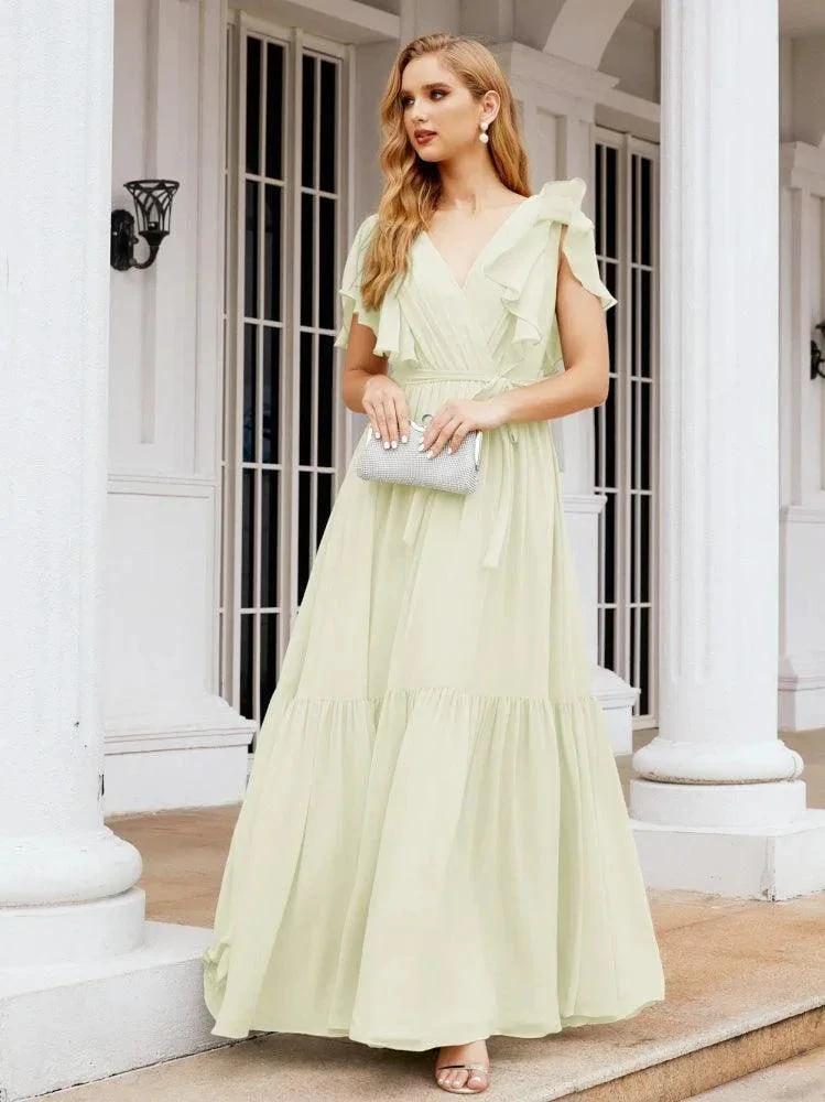 Numbersea Women's Open Back Formal Evening Party Prom Gowns V-Neck Long Chiffon Bridesmaid Dresses with Waist Belt 28038 by numbersea