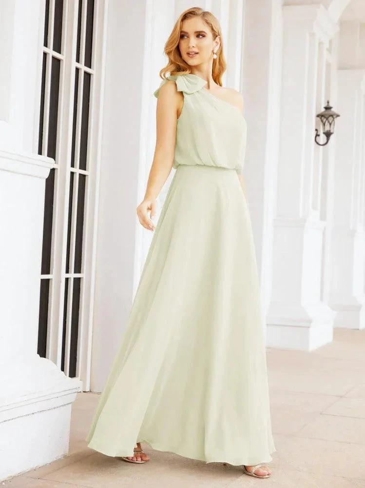 Numbersea Chiffon Ruffled One Shoulder Sleeveless Long Bride Dresses A-line Formal Evening Gown Side Split 28057 by numbersea