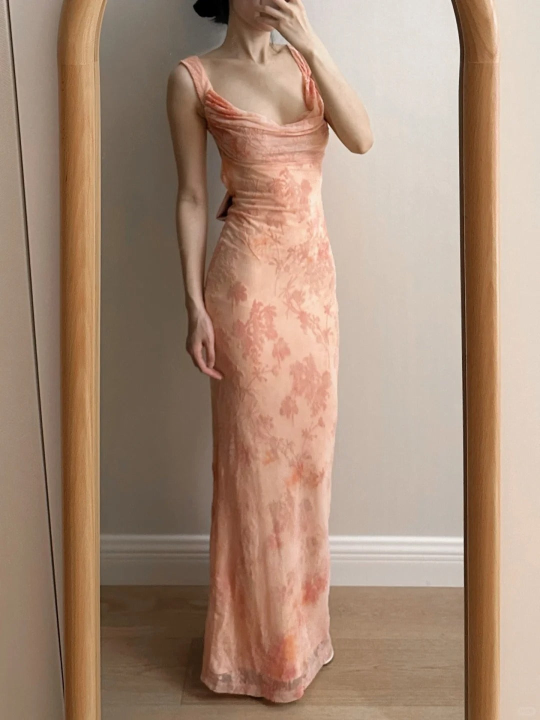 Sweet Pink Mermaid Backless Bow Print Chiffon Long Prom Dress Evening Dress - VelvetHem