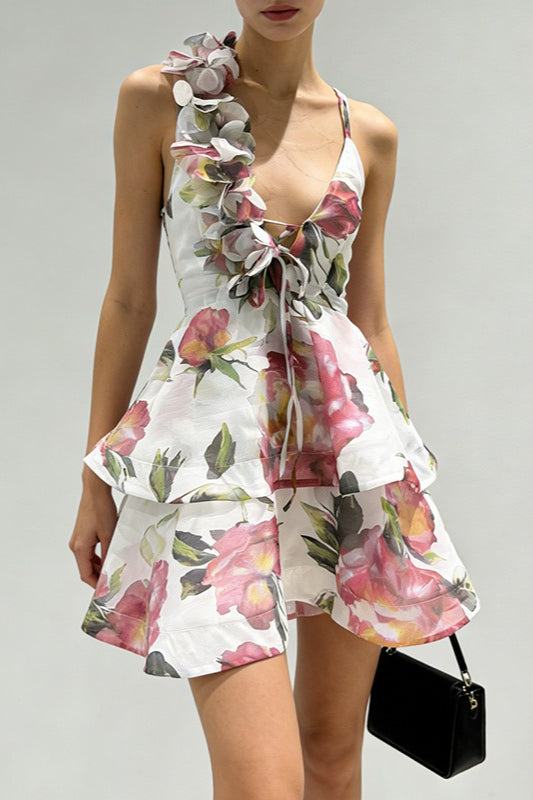 Corset Deep V Tiered 3D Floral Dress