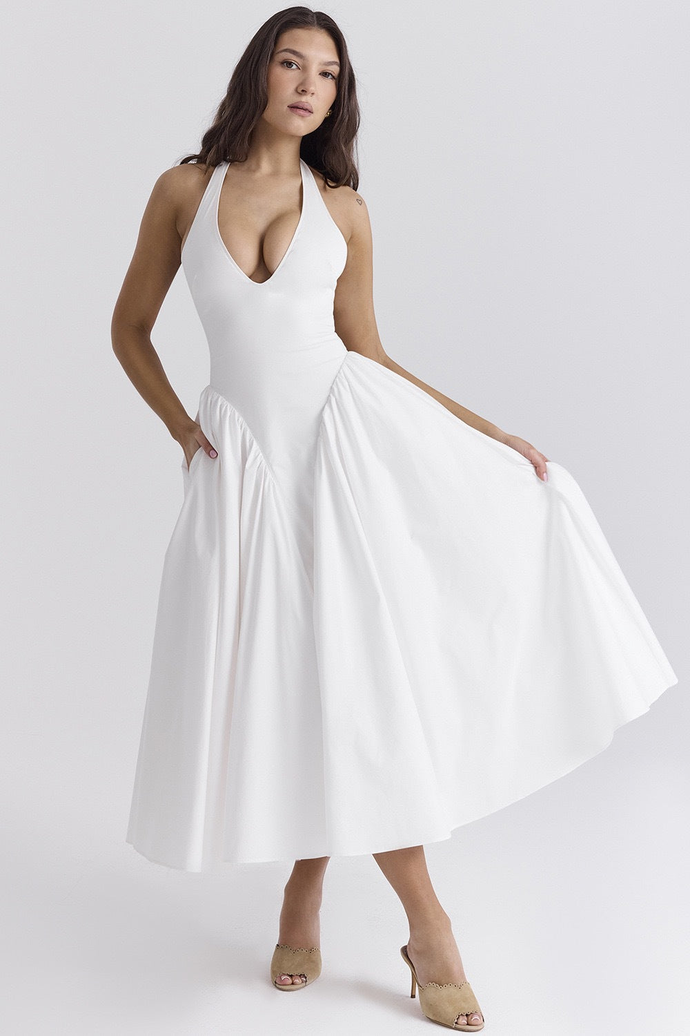 Olga Exclusive White Cotton Halterneck Midi Summer Dress Premium Wardrobe Essential