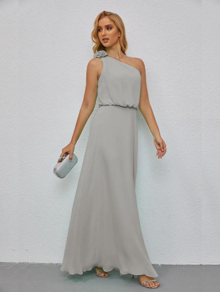 Ruffled One Shoulder Sleeveless Long Bridesmaid Dresses A-line Formal Evening Gown Side Split 28080 by numbersea