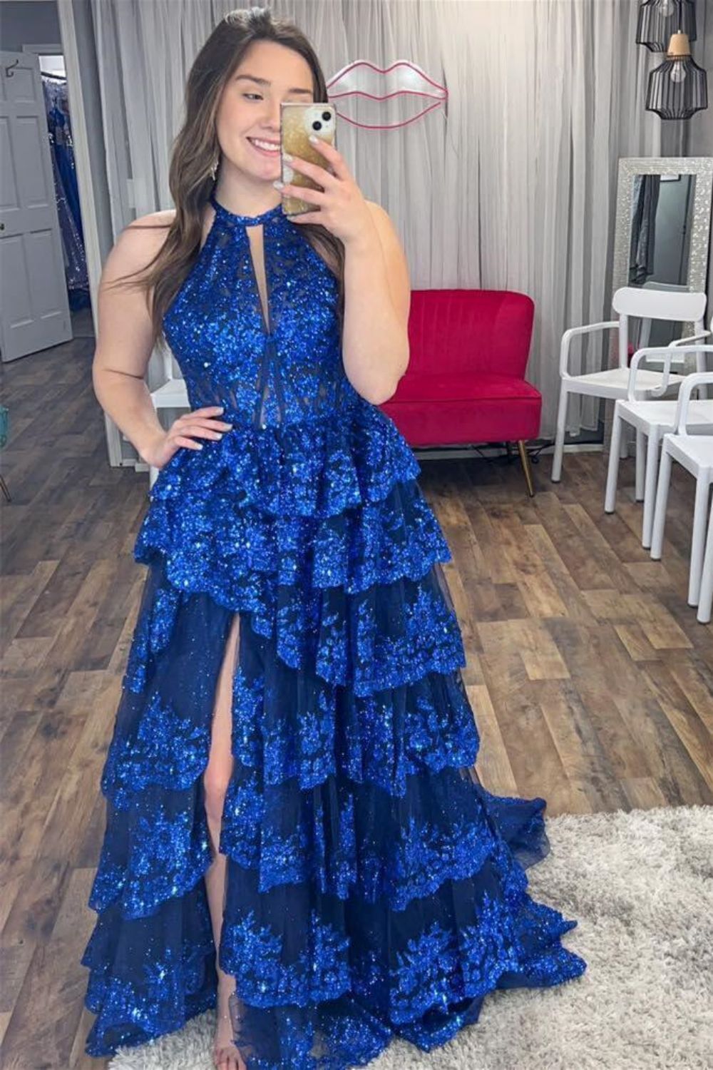 Gorgeous A Line Halter Neck Royal Blue Corset Prom Dress with Lace Ruffles - View 3 | VelvetHem