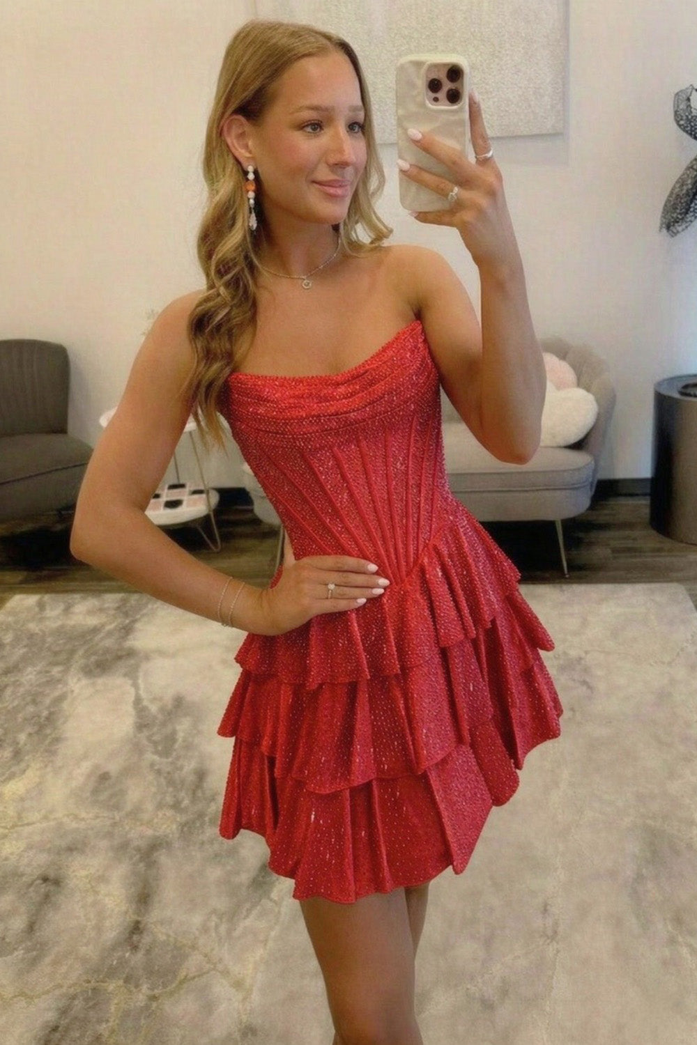 Sparkly A Line Strapless Orange Corset Homecoming Dress with Beading