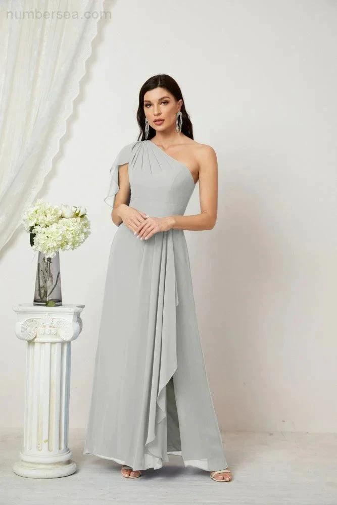 ZapDress  Chiffon Ruffled One Shoulder Long Bridesmaid Dresses A-line Formal Evening Gown Side Split 2809 (ZD17049)