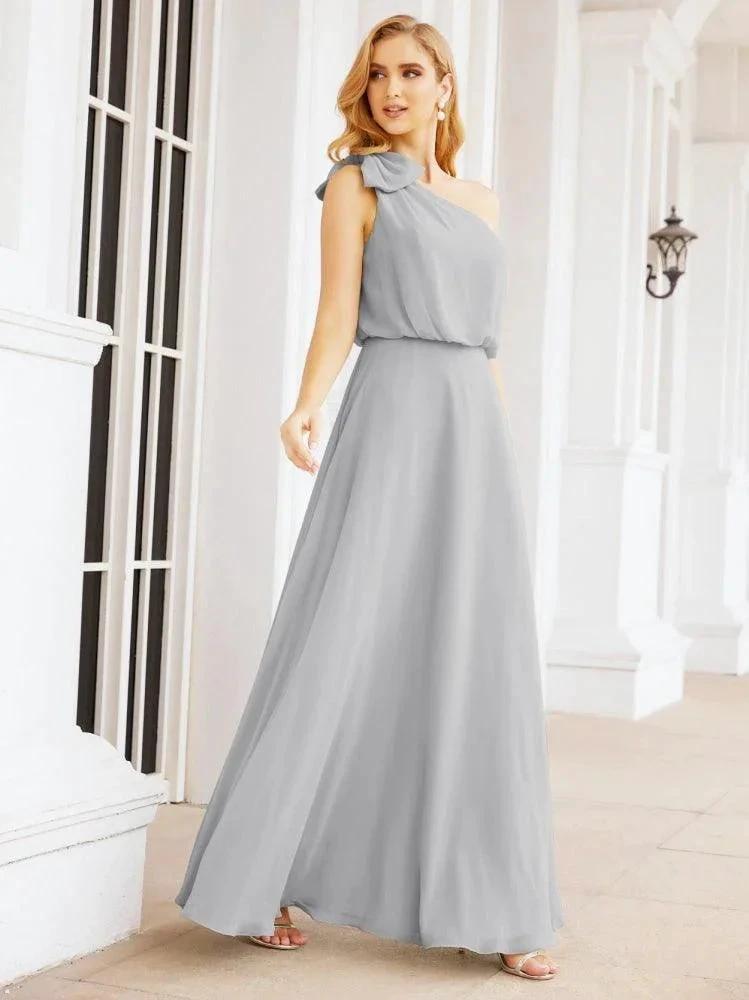 Numbersea Chiffon Ruffled One Shoulder Sleeveless Long Bride Dresses A-line Formal Evening Gown Side Split 28057 by numbersea