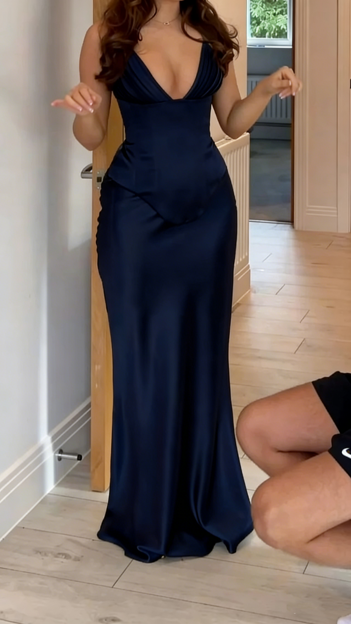 Classy Olive Green V Neck Satin Mermaid Party Dress Long Evening Gown - View 3 | VelvetHem