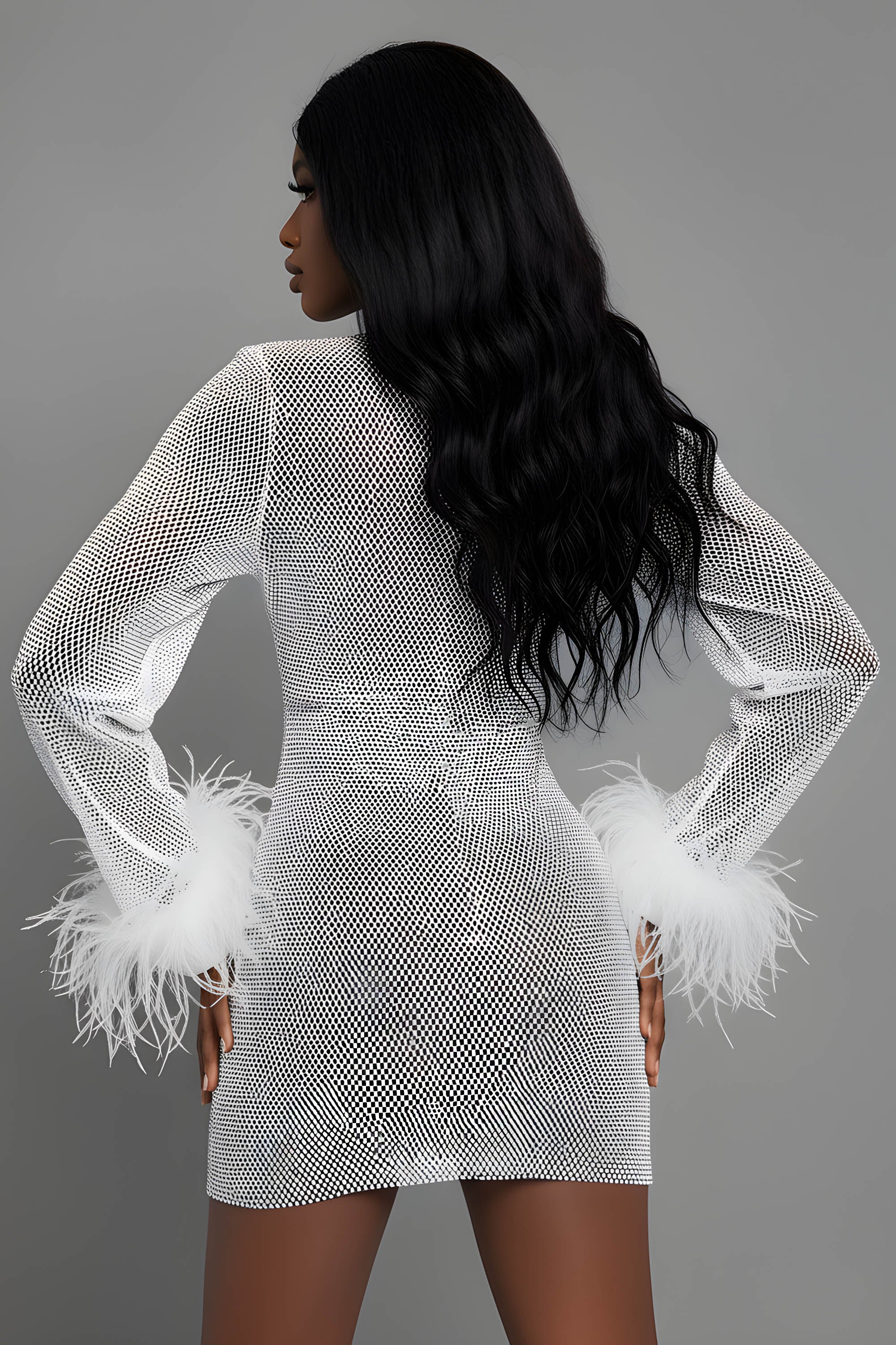 Sparkling Rhinestone Mesh Long Sleeve Feather Cuff Mini Dress