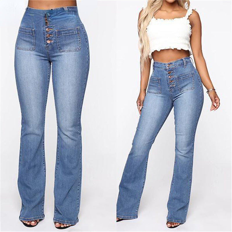 High Waist Elastic Jeans Women Button Washed Denim Pants Femme Pocke