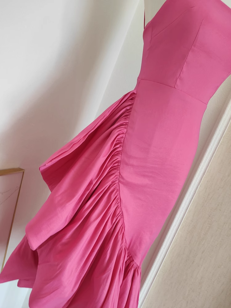 Sexy Sheath Spaghetti Straps Hot Pink Satin Dinner Party Dresses Birthday Outfits - View 4 | VelvetHem
