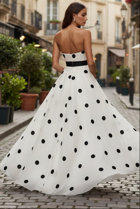 White Strapless Polka Dot Organza Gown With Satin Bow