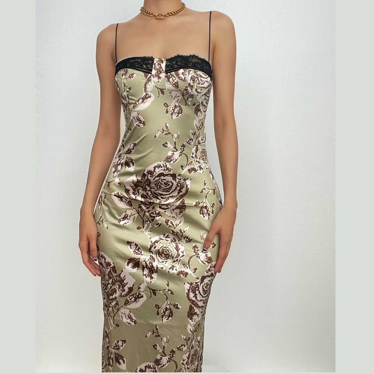 Flower print contrast backless lace hem zip-up midi dress